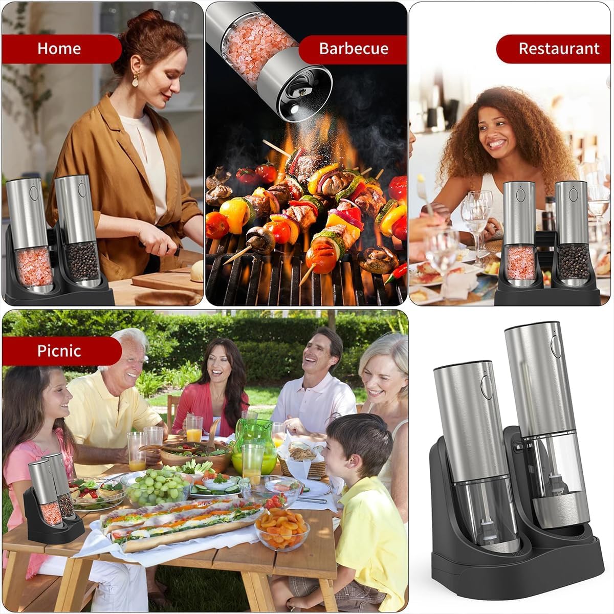 Skiennix Electric Salt and Pepper Grinder Set - Rechargeable Stainless Steel Mills with LED Light & Adjustable Coarseness