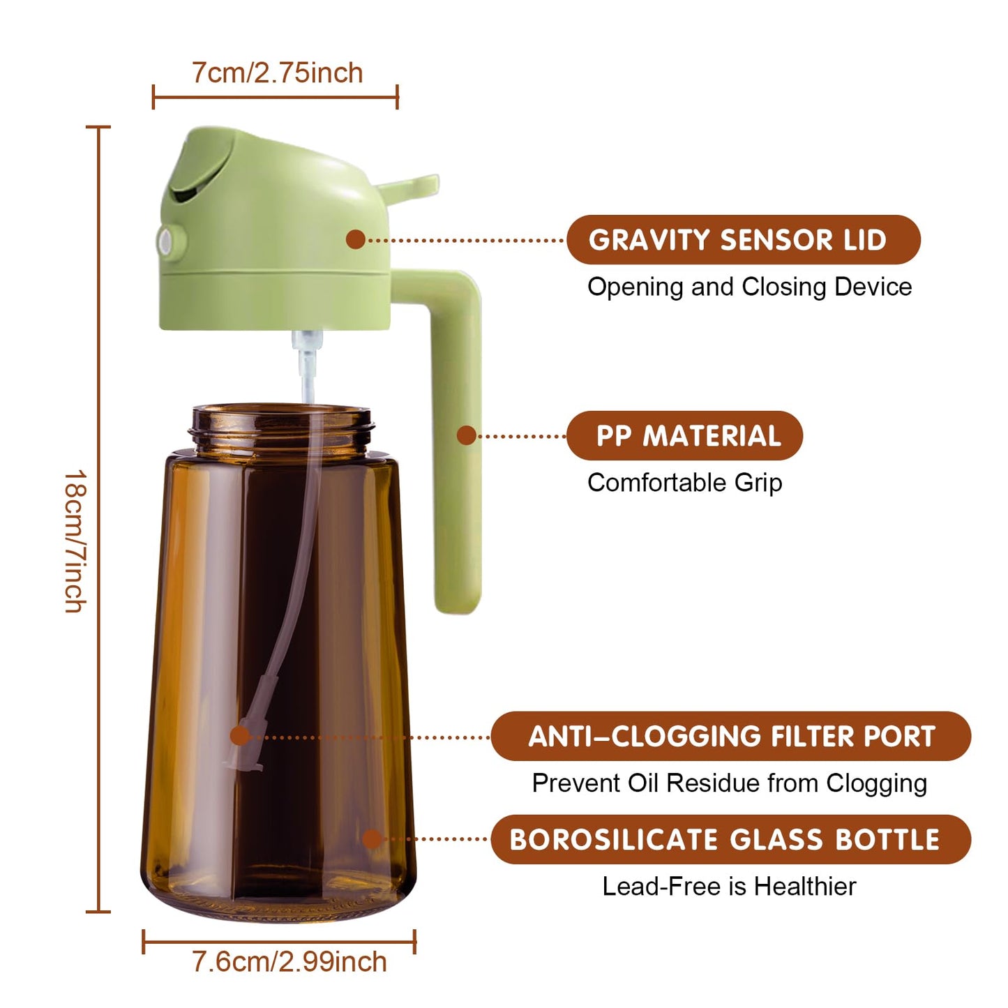 YARRAMATE 16oz/470ml Light Blocking Oil Sprayer for Cooking with Stickers, Food-Grade 2 in 1 Olive Oil Dispenser Bottle for Kitchen, Premium Dark Amber Glass Oil Bottle for Air Fryer, BBQ(Green)