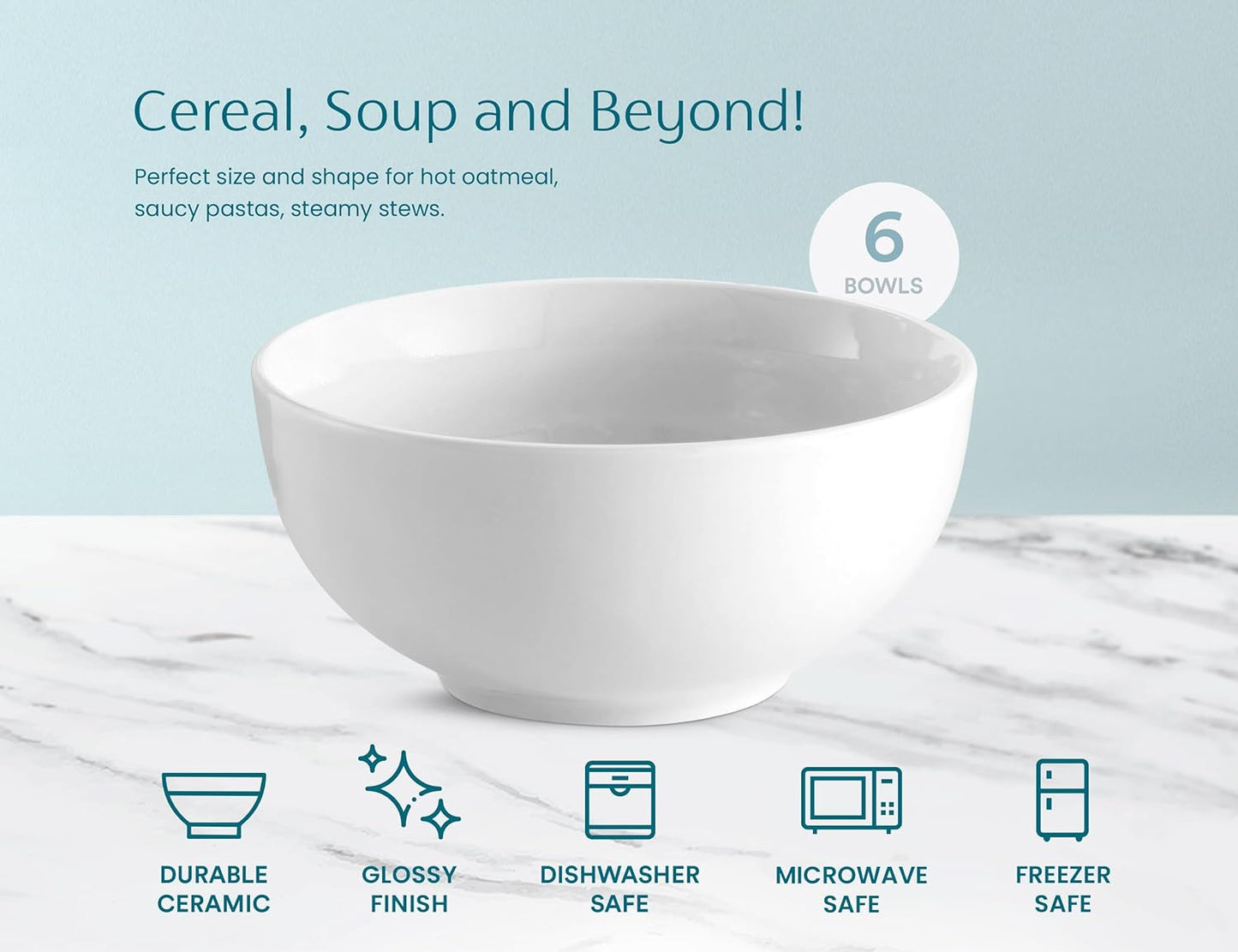 KooK Ceramic Cereal Bowls - Microwave & Dishwasher Safe Porcelain Dishes | 24 oz, Set of 6, Marshmallow White
