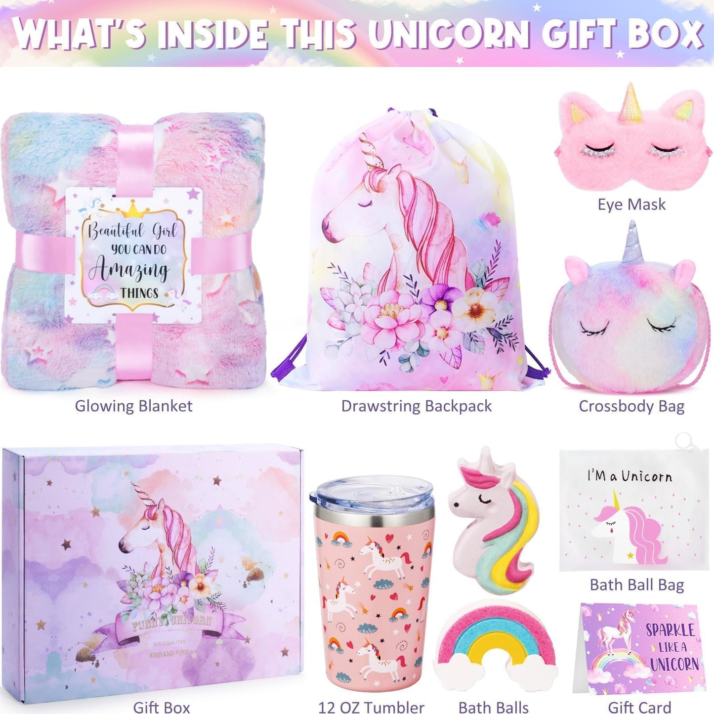 Tiblue Unicorn Toys for Girls Ages 4-6, Kids Girl Valentine Gift Tween Girl Gift Trendy Stuff Birthday Gifts for 4 5 6 7 8 9 10 11 12 Year Old Toddler Teen Girl with Glow in The Dark Blanket Cup Purse