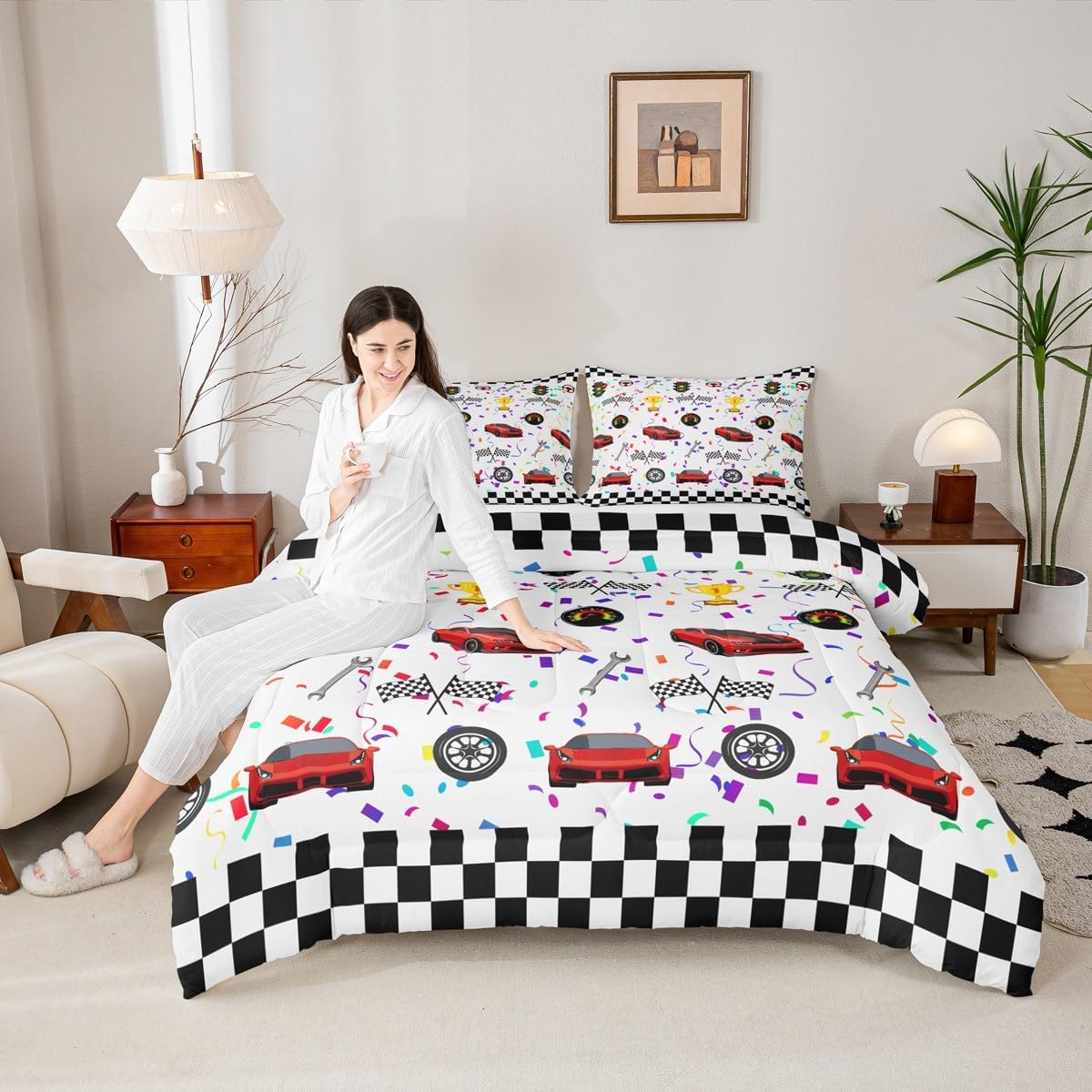 Basketball Kids Comforter Set Full Size,Geometric Basketball Court Abstract Bedding Set,Boys Girls Adults Room Decor,Ball Sports Games Down Comforter,Red Black Fashion Duvet Insert,2 Pillowcases
