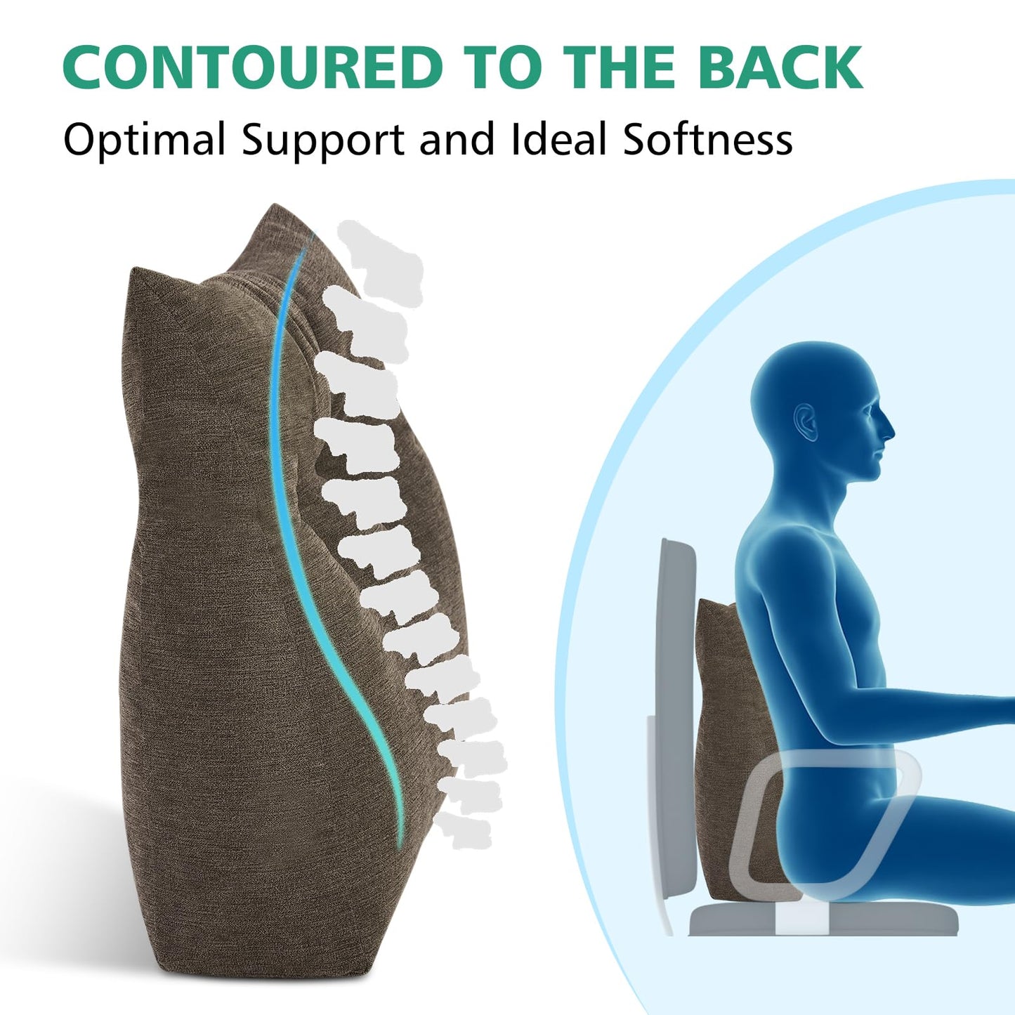 Shinnwa Lumbar Support Pillow for Office Chair, Memory Foam Back Support Pillow for Back Pain Relief, Car, Chair and Couch, 15x17.5x4.5in, Brown