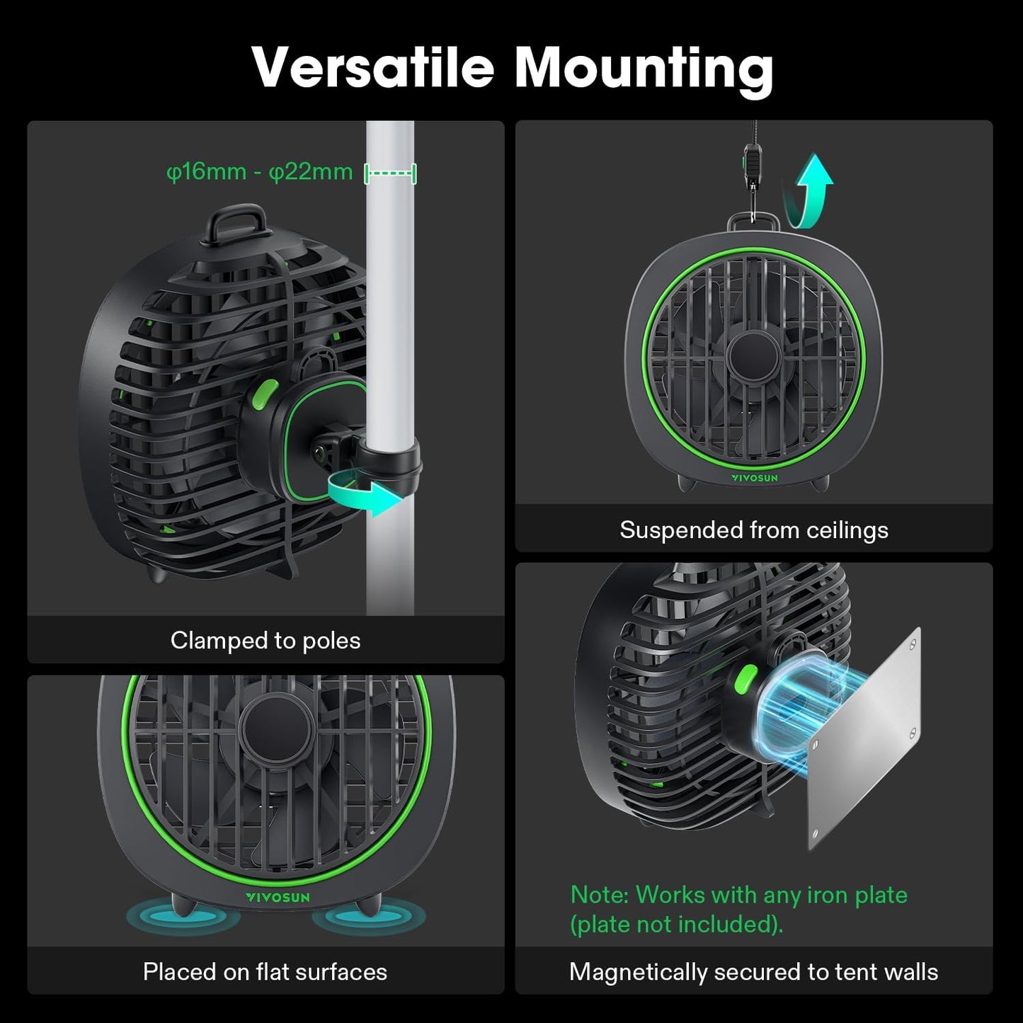 VIVOSUN AeroWave D4 Clip Fan - 4” Hydroponics Fan with 3-Speed Quiet Airflow & Adjustable Angle | Black