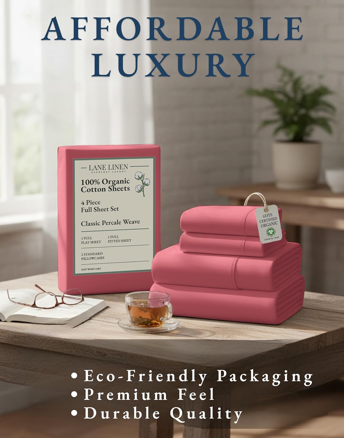 LANE LINEN 100% Organic Cotton Full Bed Sheets - Soft, Sustainably Produced, Machine Washable | Mineral Red