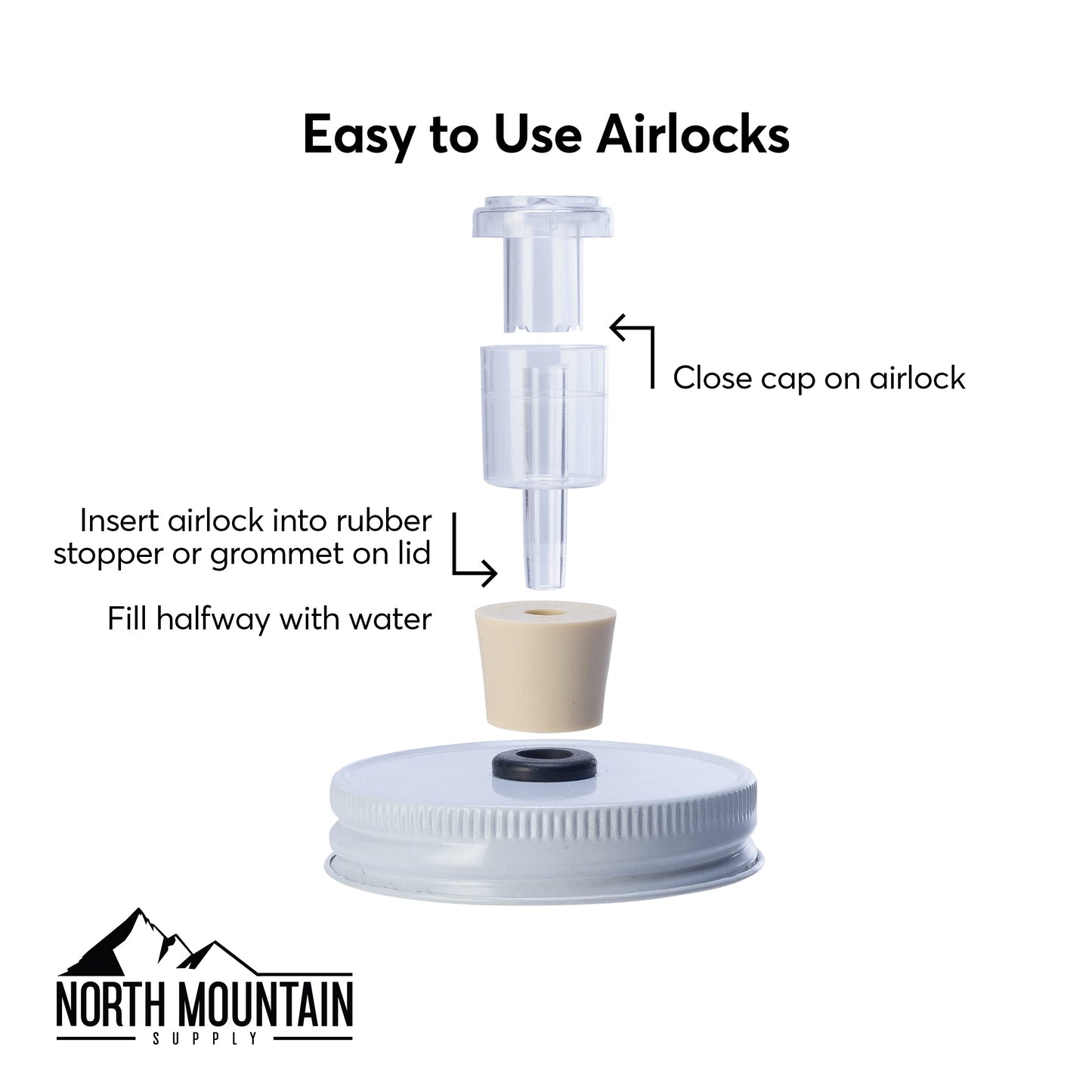 North Mountain Supply 2-Piece Airlocks with #6.5 Rubber Stoppers for Fermentation - Airlocks for Wine Making, Brewing Beer, and Fermenting Foods - 3 Pack