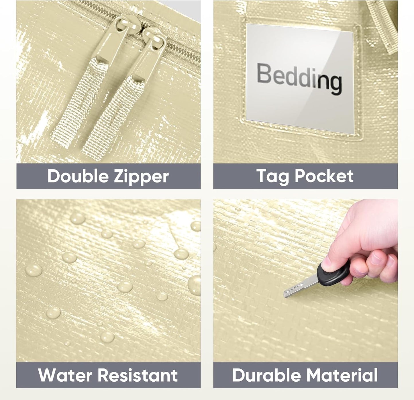 TICONN Extra Large Moving Bags - Heavy Duty Storage with Zippers & Handles | 6 Pack, Cream Color