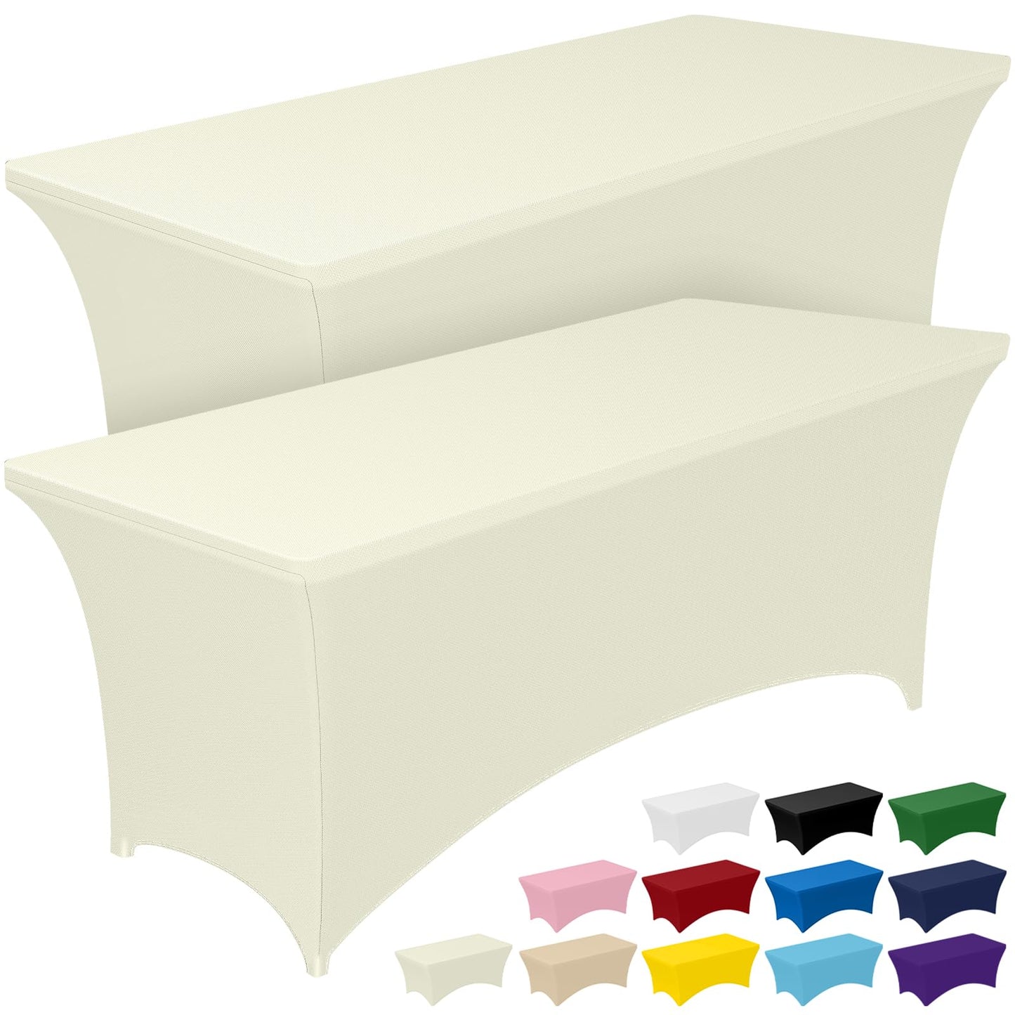 Pureegg Spandex Tablecloth 6ft - 2 Pack, Fitted and Tight Cloth for Rectangle Table, Wrinkle-Free and Stretch Table Cover for Party, Wedding, Banquet and Birthday, Ice Cream, Ivory
