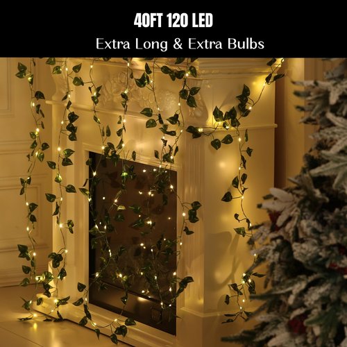 Extra Length 40ft 120 LED Vine with Fairy Lights Pothos String Lights USB Plugin & Battery Operated Leaf Lights with Timer 8 Modes Remote Decorative Light for Bedroom Wedding Party - Warm White