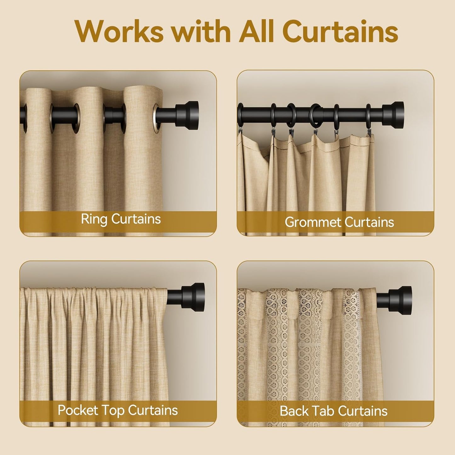 YaFex Curtain Rods - Heavy Duty 1 Inch Adjustable Window Treatment Rods | 32-144 Inch, Black, Modern Design