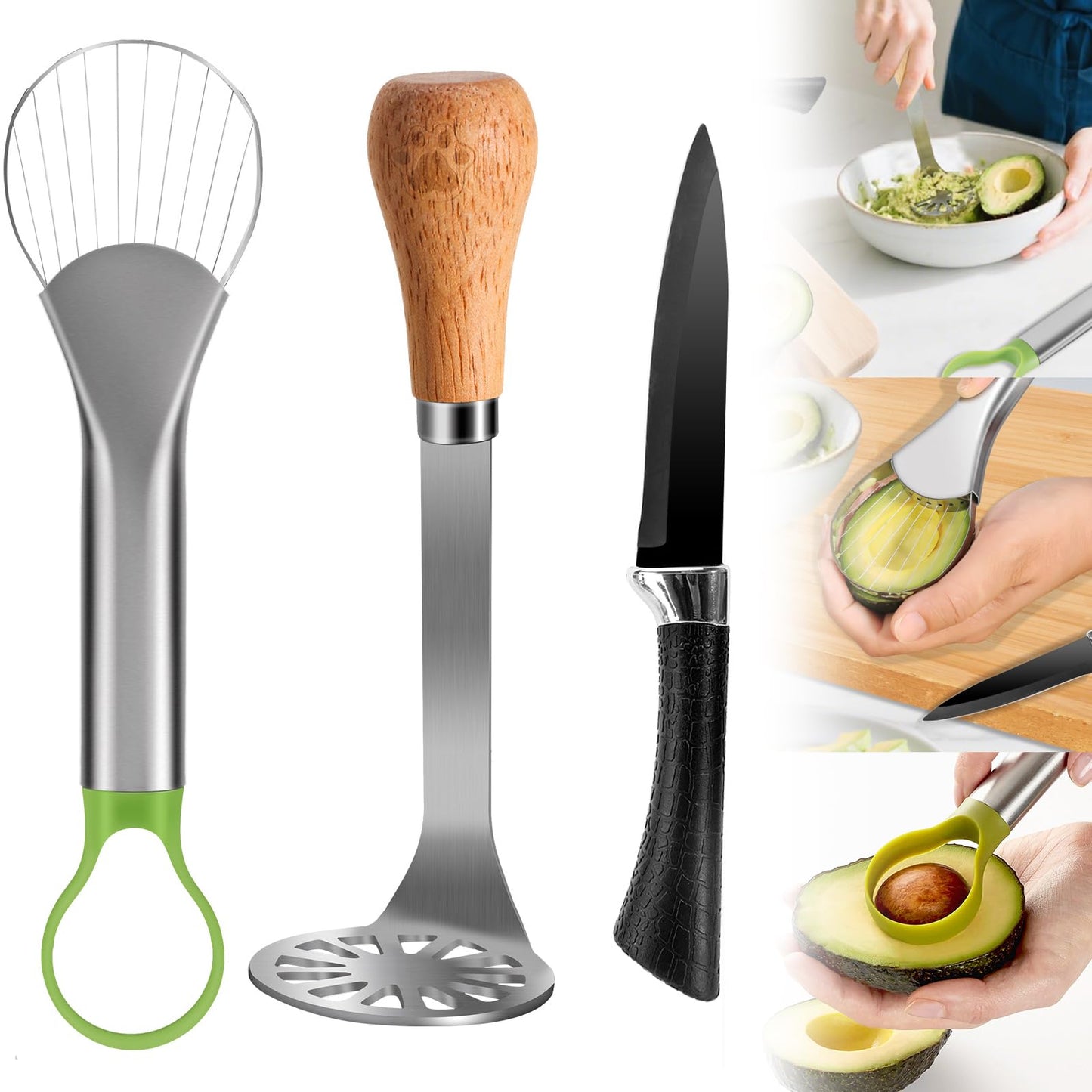 OERPHO Avocado Slicer Tool 3 in 1, Stainless Steel Avocado Cutter Tool Set, Avocado Masher & Avocado Peeler Tools, Multi-Function Avocado Smasher Tools for Slicing, Scooping and Pit Removal