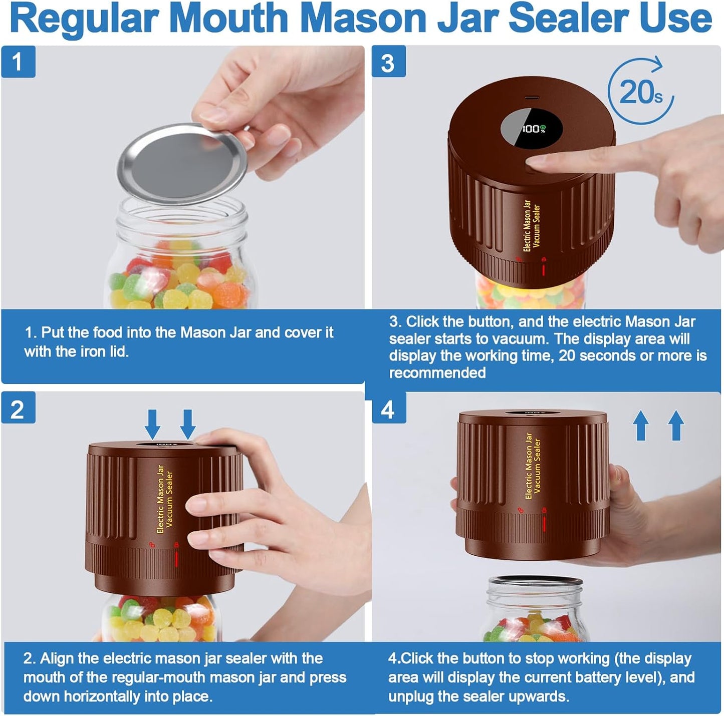 LOVE MOMENT Electric Mason Jar Vacuum Sealer Kit - Ideal for Wide & Regular Mouth Jars - Brown