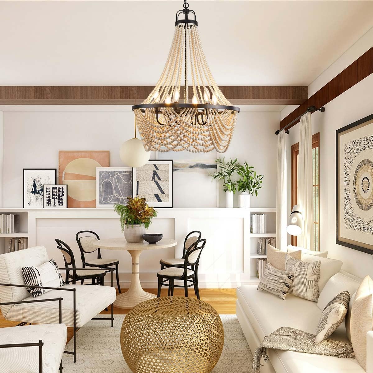 Farmhouse Boho Flush Mount Ceiling Light,3-Light Wood Bead Chandeliers,Black Metal Bohemia Hanging Pendant Lighting,Small Chandelier for Bedroom,Living Room,Entryway,Hallway