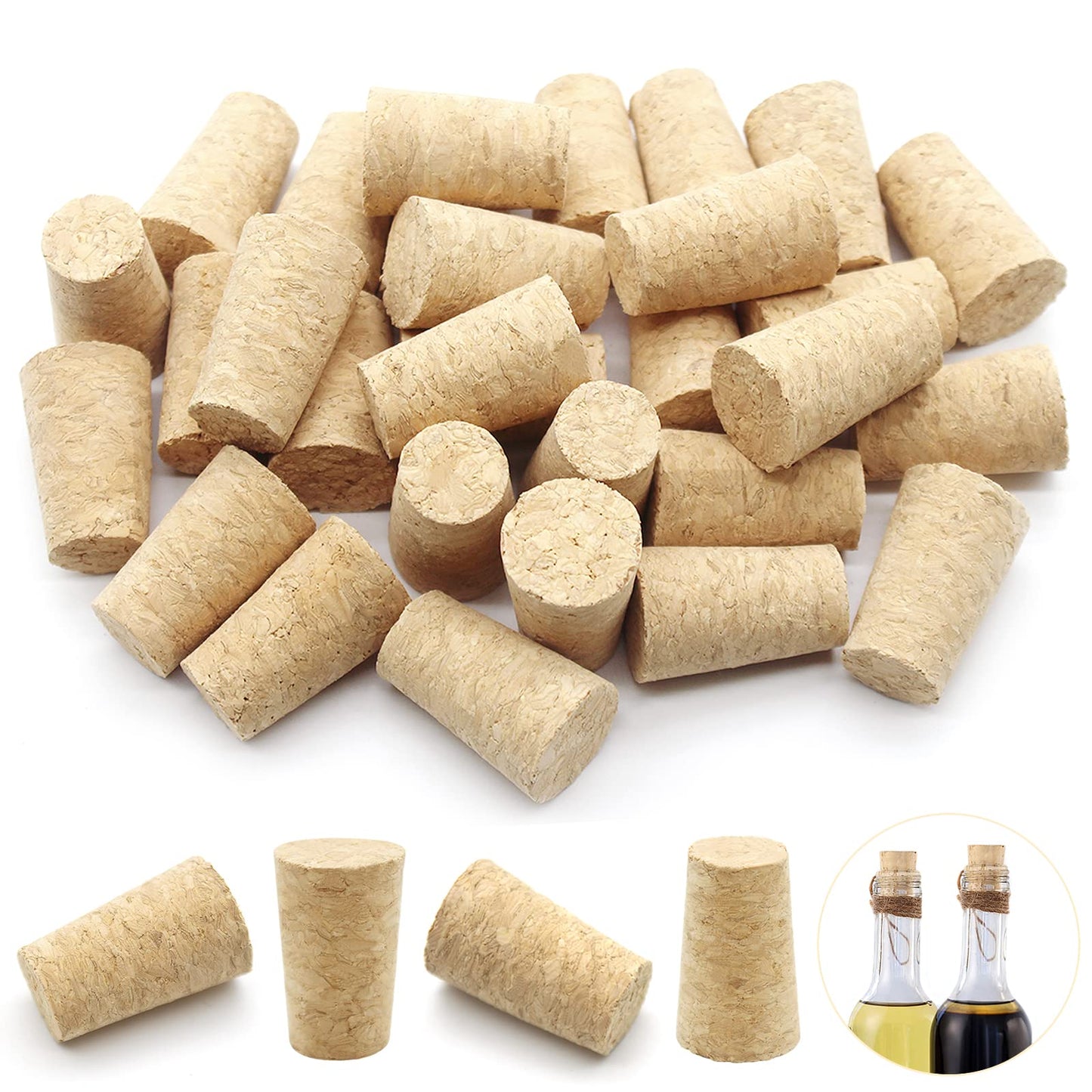 Anvin 30 Pack Wood Corks Plugs Tapered Blank Natural Wooden Corks Replacement for Wine, Beer, Liquor Bottles, Cork Crafts (0.87x0.67x1.38inch)