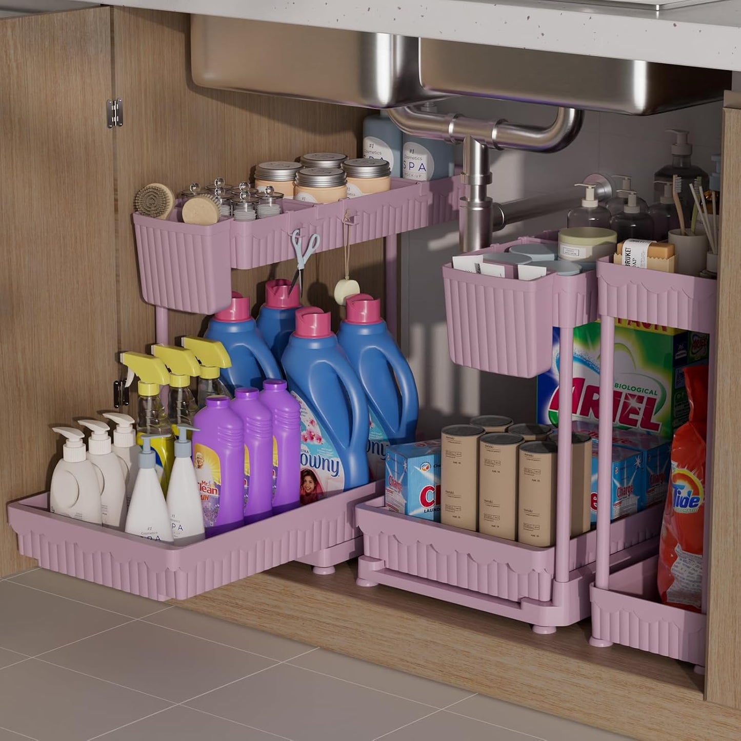 Sevenblue Multi-Purpose Under Sink Organizer - L-Shaped Pull-Out Storage for Bathroom & Kitchen | Pink, 12.85 Inch