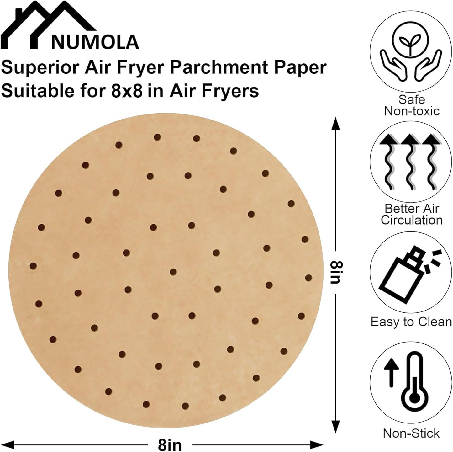 Numola Air Fryer Parchment Paper Liners - 8 Inch Non-Stick Disposable Baking Papers | 100 Pre-Cut Sheets for 3.5-6QT