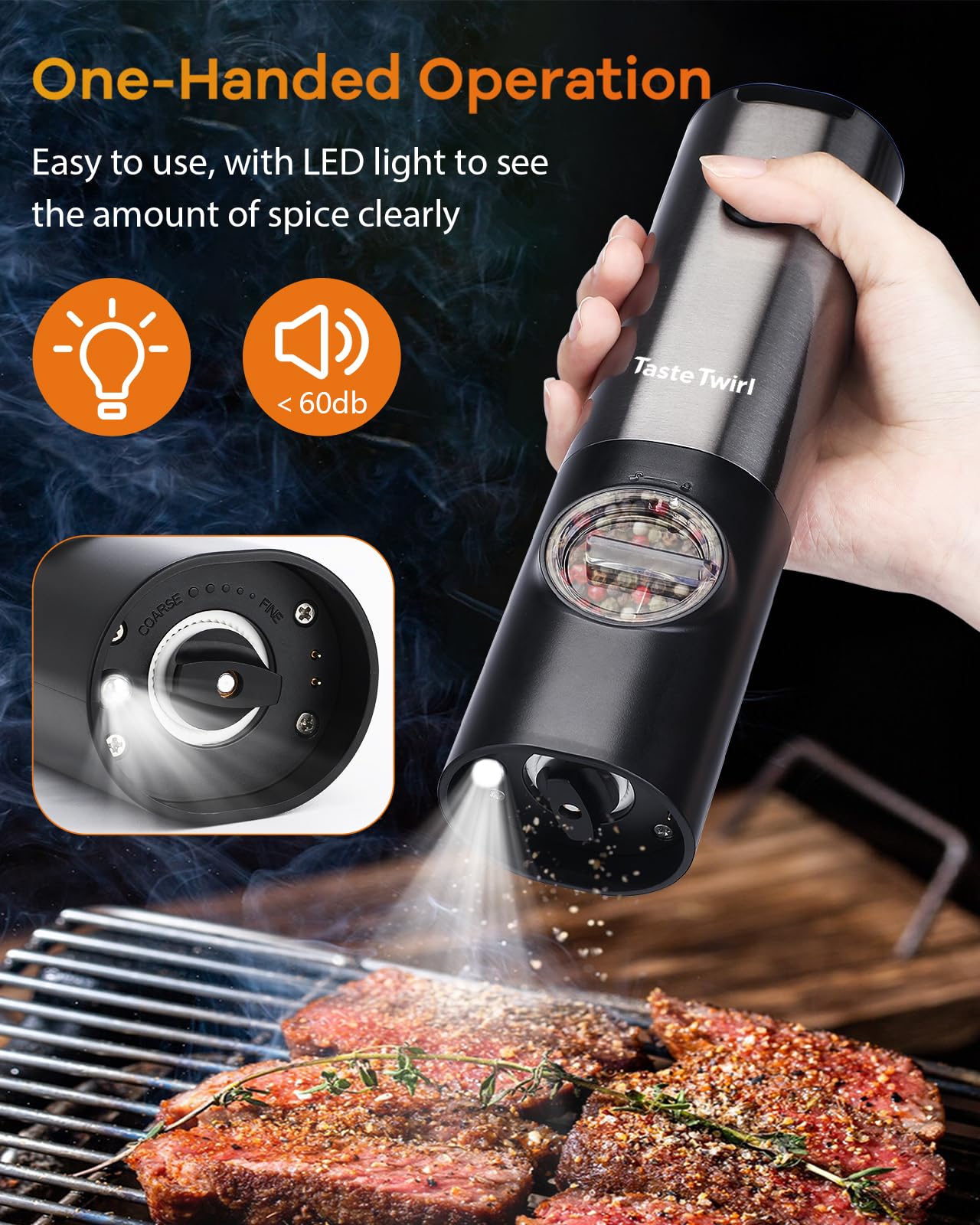 Electric Salt and Pepper Grinder Set, USB Rechargeable Stand, Automatic Salt Pepper Shakers Refillable, Spice Mill for Kitchen, One Hand Operation, Adjustable Coarseness, LED Light