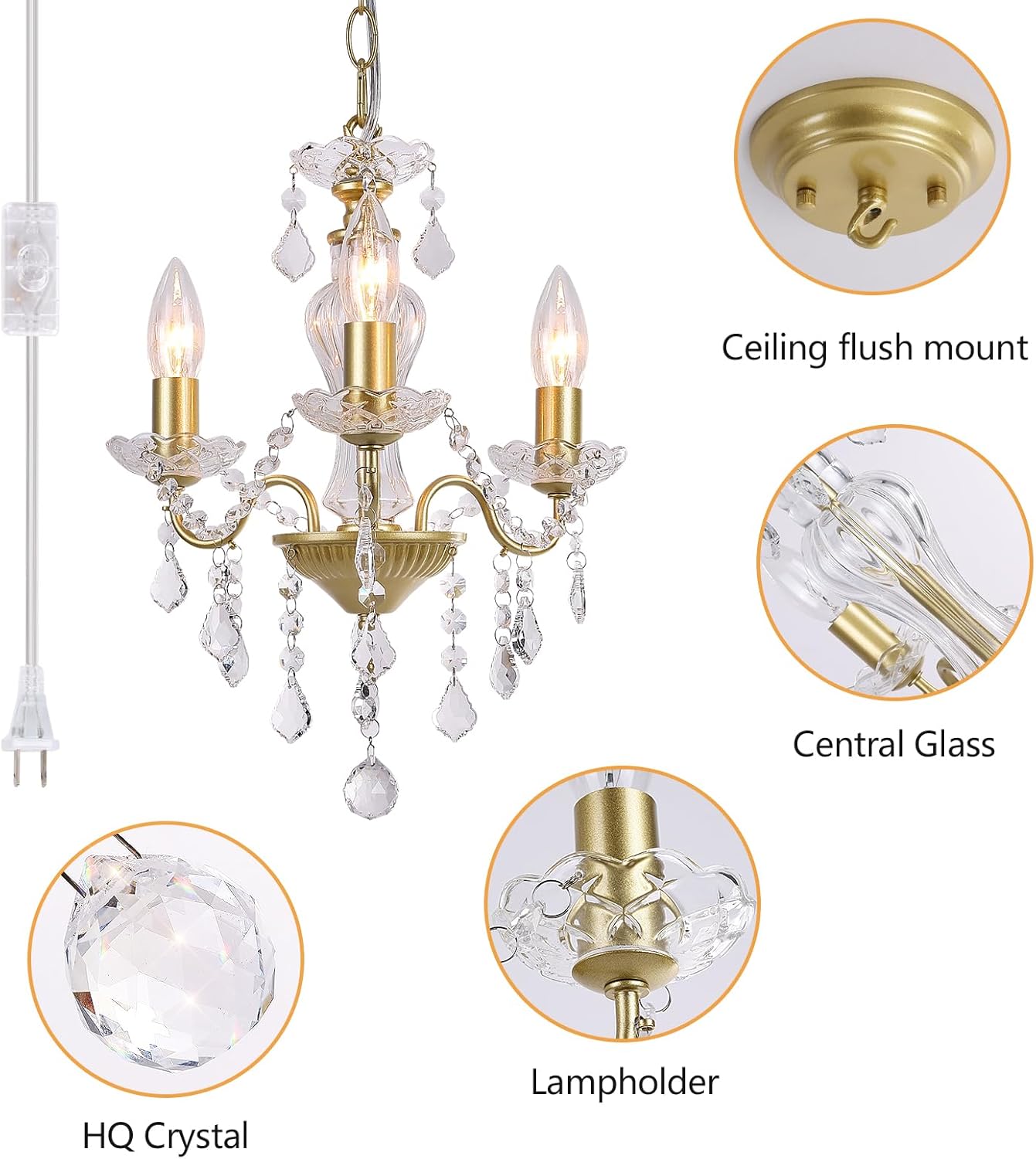 Plug in Modern 3-Light Gold Chandelier with Glass Crystals, Candle Style Pendant Light Fixtures for Living Room, Girls Room, Kitchen Island, Entryway
