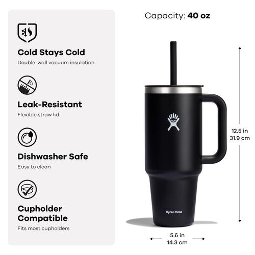 Hydro Flask Travel Tumbler with Handle, Lid and Straw - Insulated Stainless Steel in 40 Oz Ivory