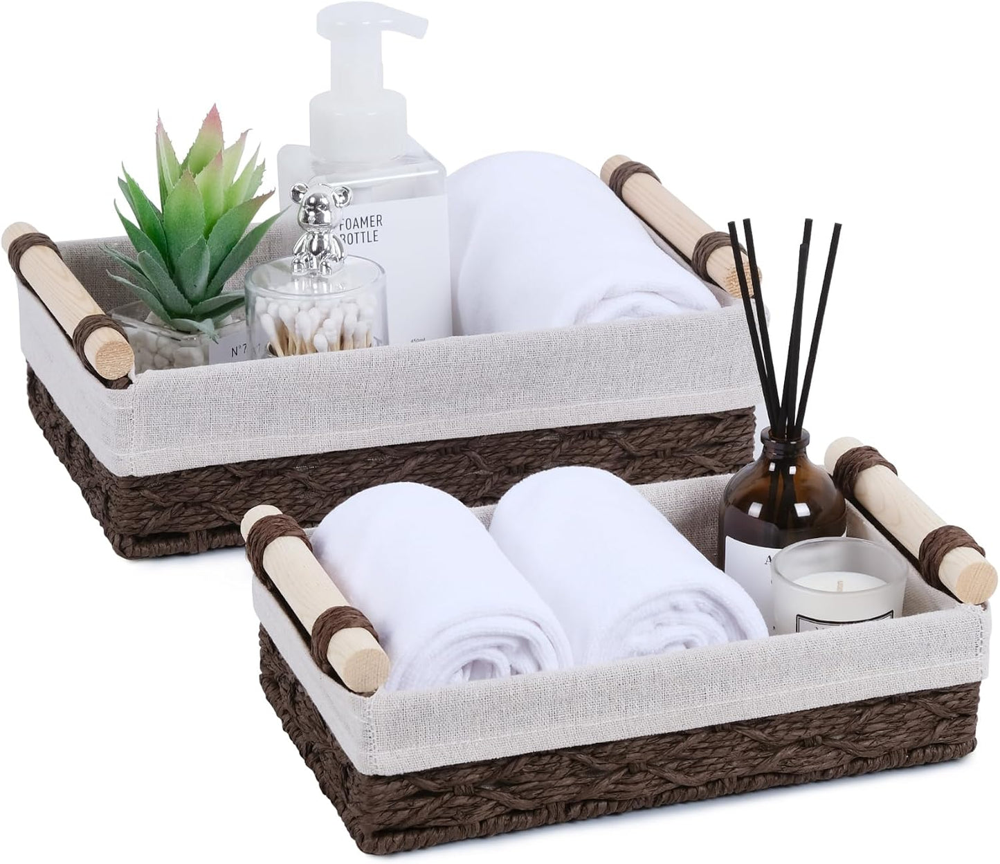 Wicker Storage Basket - Decorative Paper Rope Bathroom Organizer with Wooden Handle | 2 Pack, Brown