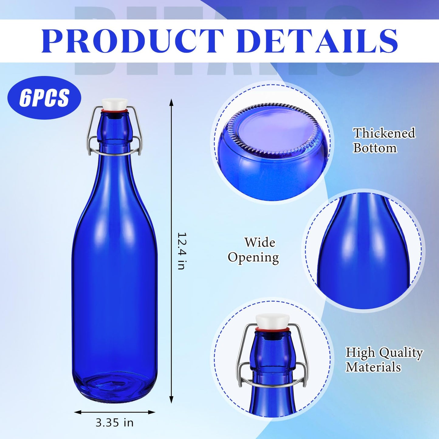 Teenyyou 6 Pcs Cobalt Blue Glass Bottles 1 L/ 33.75 oz Decorative Wine Bottles Flip Top Glass Water Bottle with Airtight Lid for Home Decor Garden Tree Yard Outdoor Decorations