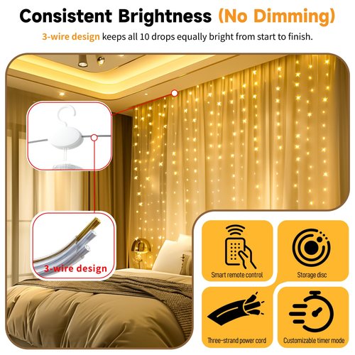 HXWEIYE 300LED Untangled Curtain Lights, 9.8x9.8Ft USB Fairy Twinkle String Lights with Remote and DIY Timer, 8 Modes Window Wall Hanging Light for Bedroom Dorm Backdrop Room Decor, Warm White
