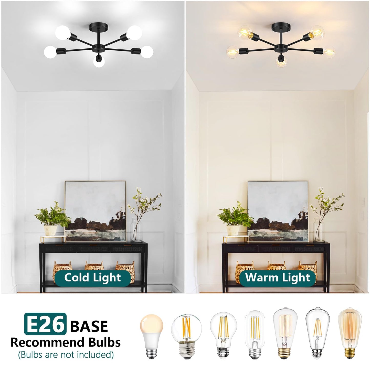 Lomoky 5-Lights Black Semi Flush Mount Ceiling Light, Hallway Light Fixtures Ceiling with E26 Base, Modern Sputnik Light Fixtures for Kitchen Bedroom Living Room