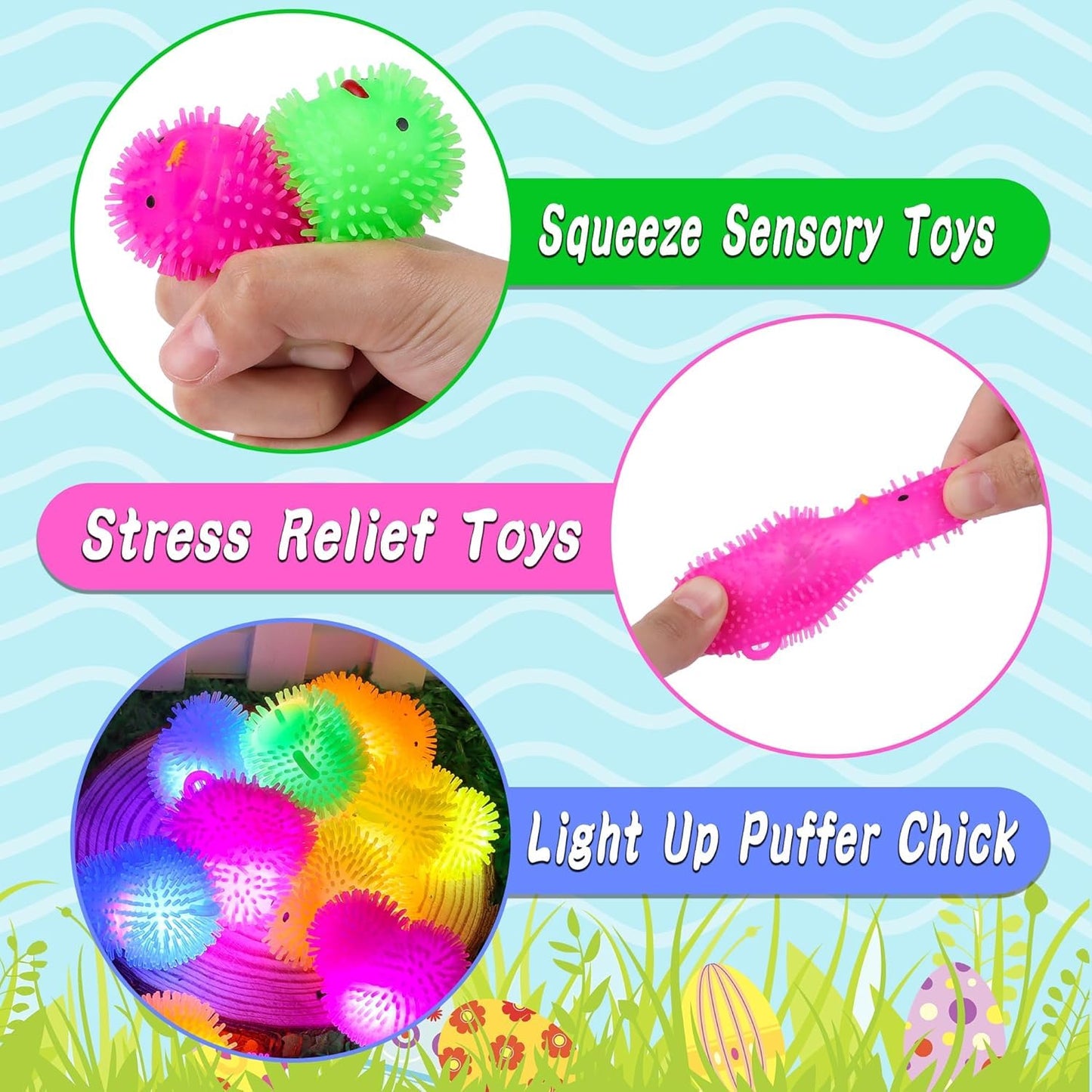 NAWITDA 18 Pack Easter Eggs Fillers with LED Chick Puffer Balls, Easter Eggs Filled with Light Up Fidget Stress Toys Squeeze Balls Glow In The Dark Easter Basket Stuffers for Easter Hunt Party Favors