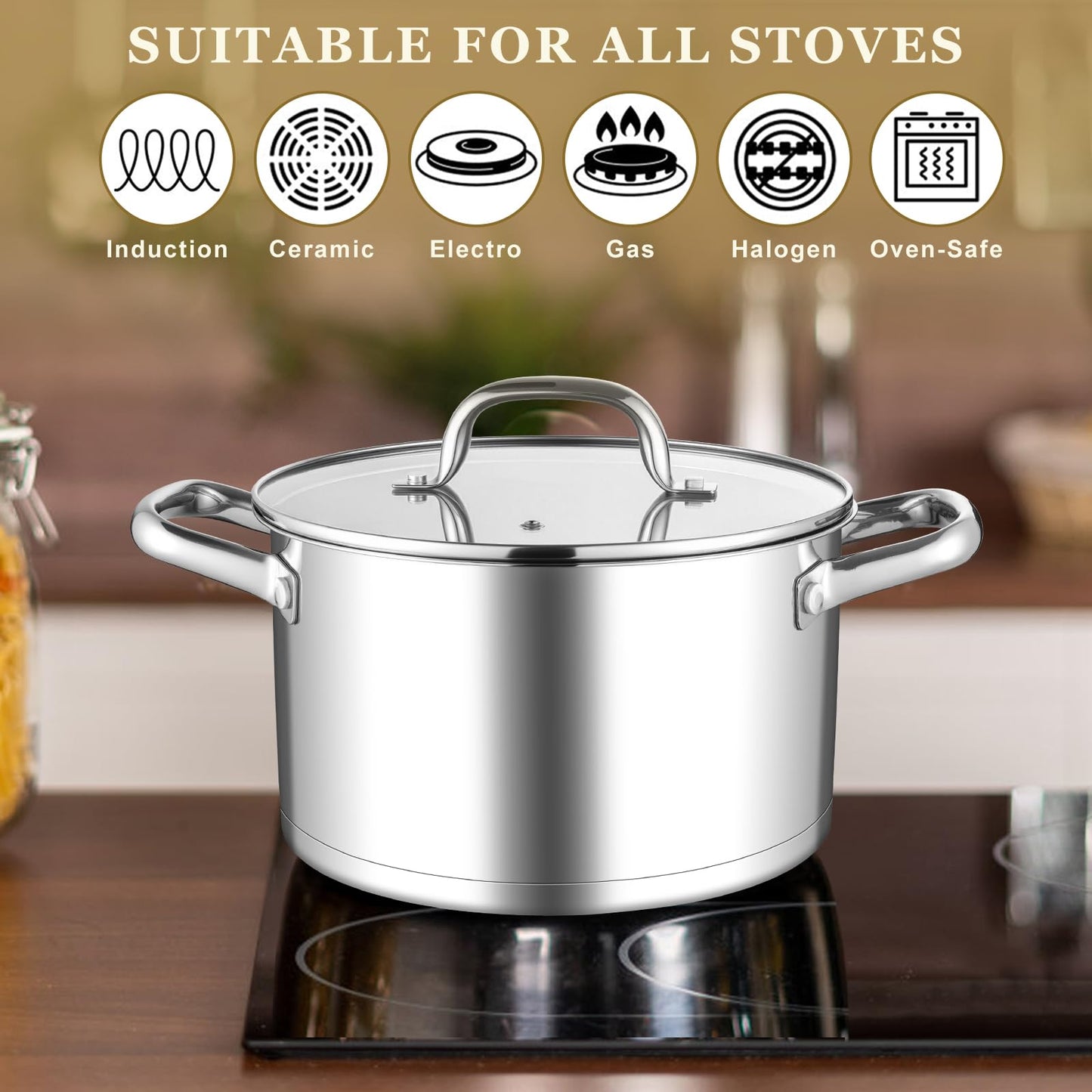 Leonyo Stainless Steel Stock Pot, 8 Quart Stock Pot with Visible Lid, Heavy Duty 3-Ply Induction Cooking Pot for Pasta, Soup, Spaghetti, 18/10 Stainless Steel StockPot for Canning, Boiling, Simmering