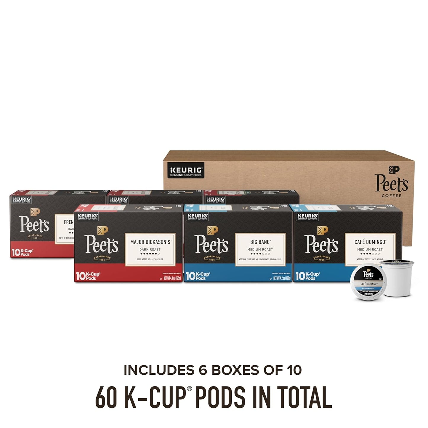 Peet's Coffee K-Cup Pods Variety Pack - 100% Arabica Coffee, 60 CT | Major Dickason's, French Roast & More
