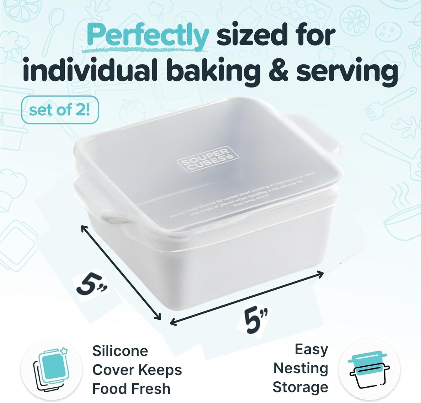 Souper Cubes Stoneware | Premium 5" x 5" Mini Baking Dishes with Silicone Covers - Set of 2, White