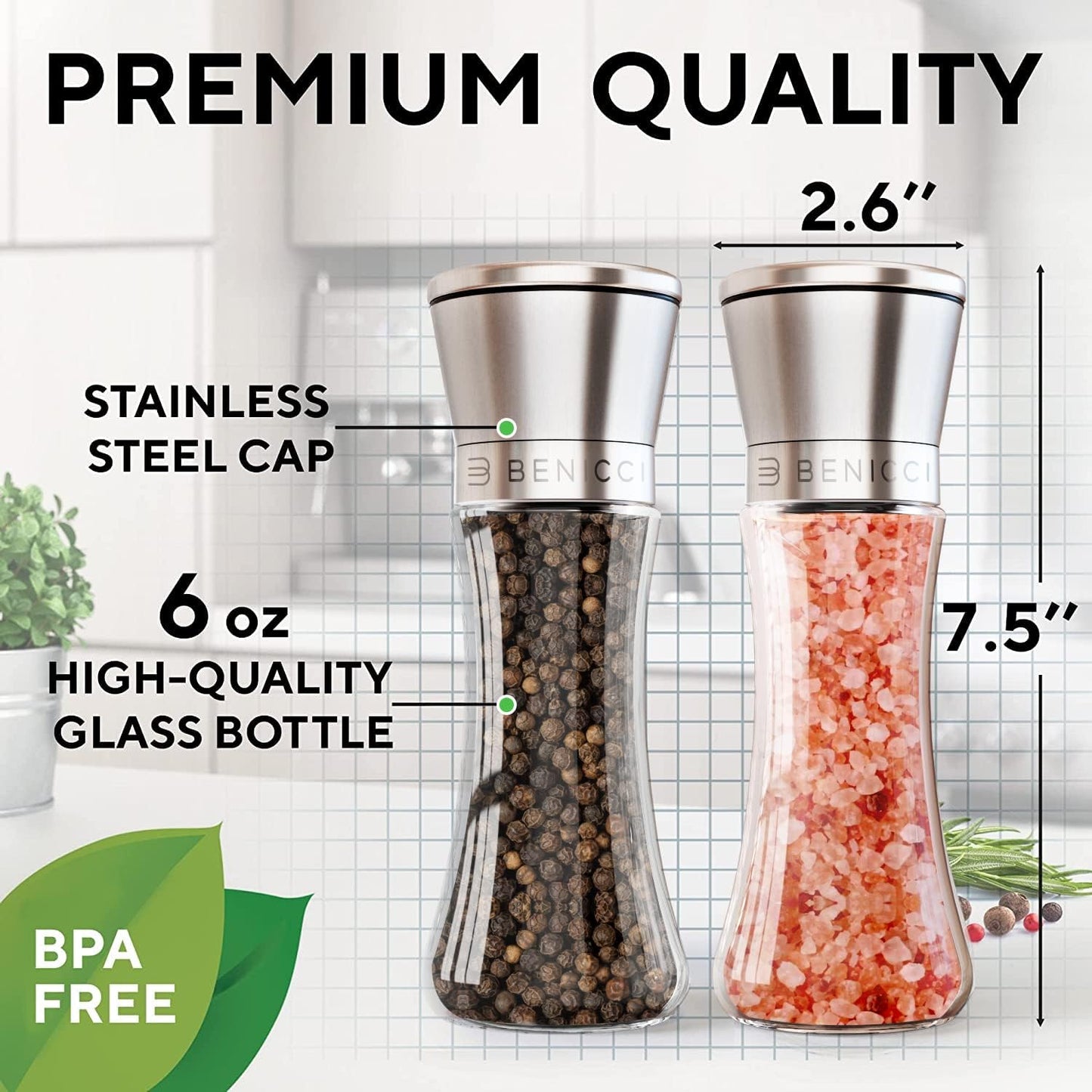 Premium Salt and Pepper Grinder Set - Refillable Stainless Steel Shakers with Adjustable Coarse Mills | Easy Clean Ceramic Grinders