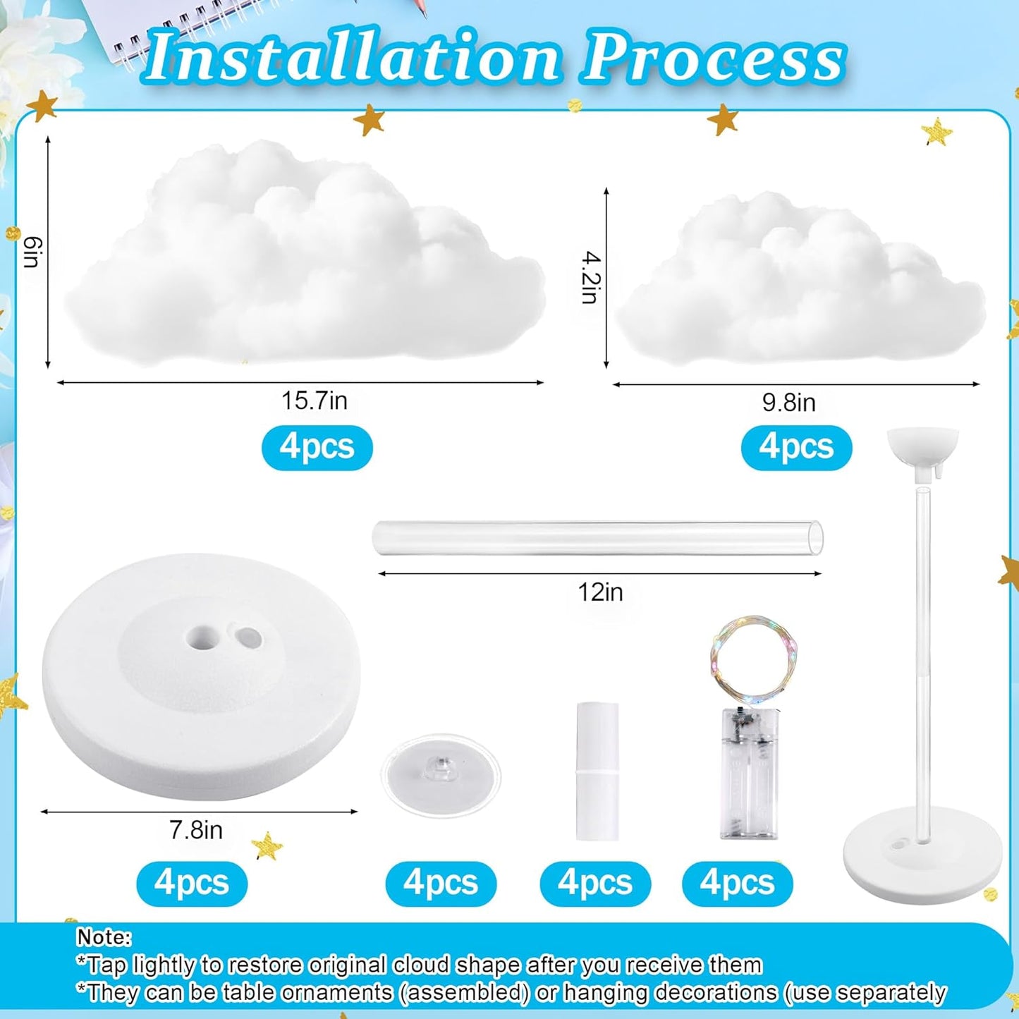 Skiennix 4 Set Artificial LED Cloud Lights - Fluffy Cotton Clouds Decor for Baby Showers & Parties