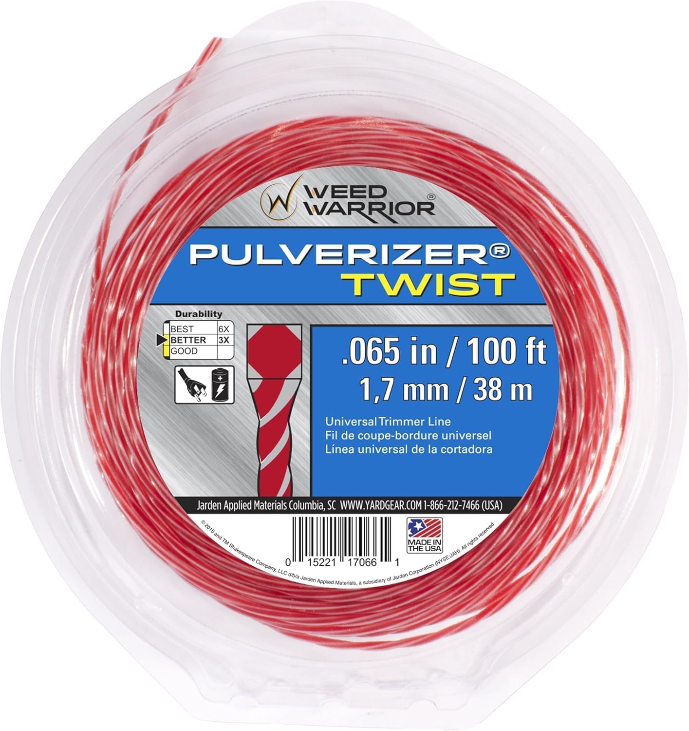 Weed Warrior Pulverizer Trimmer Line - 0.065" Diameter, 100' Length, Red Core/Silver Tips