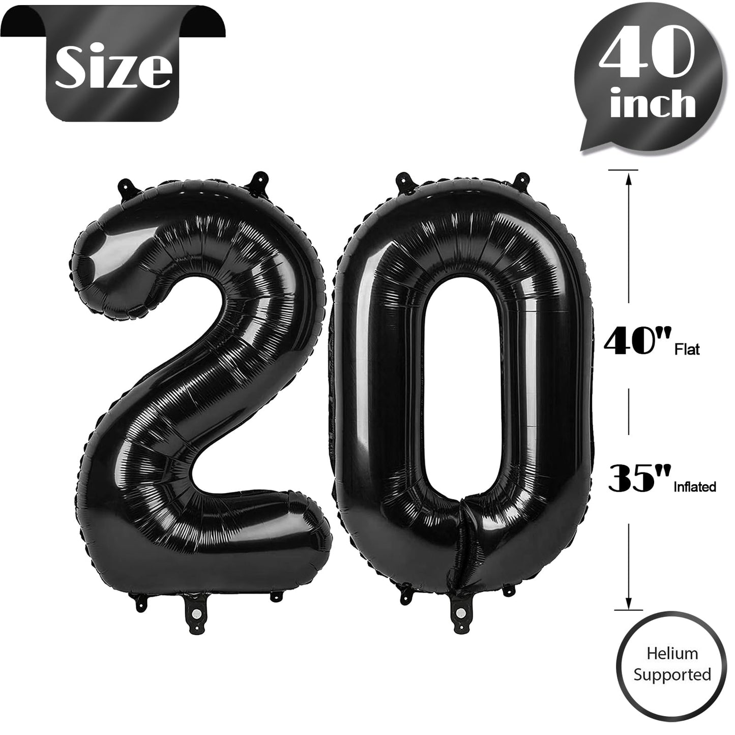 Black Number 20 Balloon 40 inch, 20 Number Balloons, 20th Black Birthday Decorations, 20 Year Old Girls Boys Party Supplies