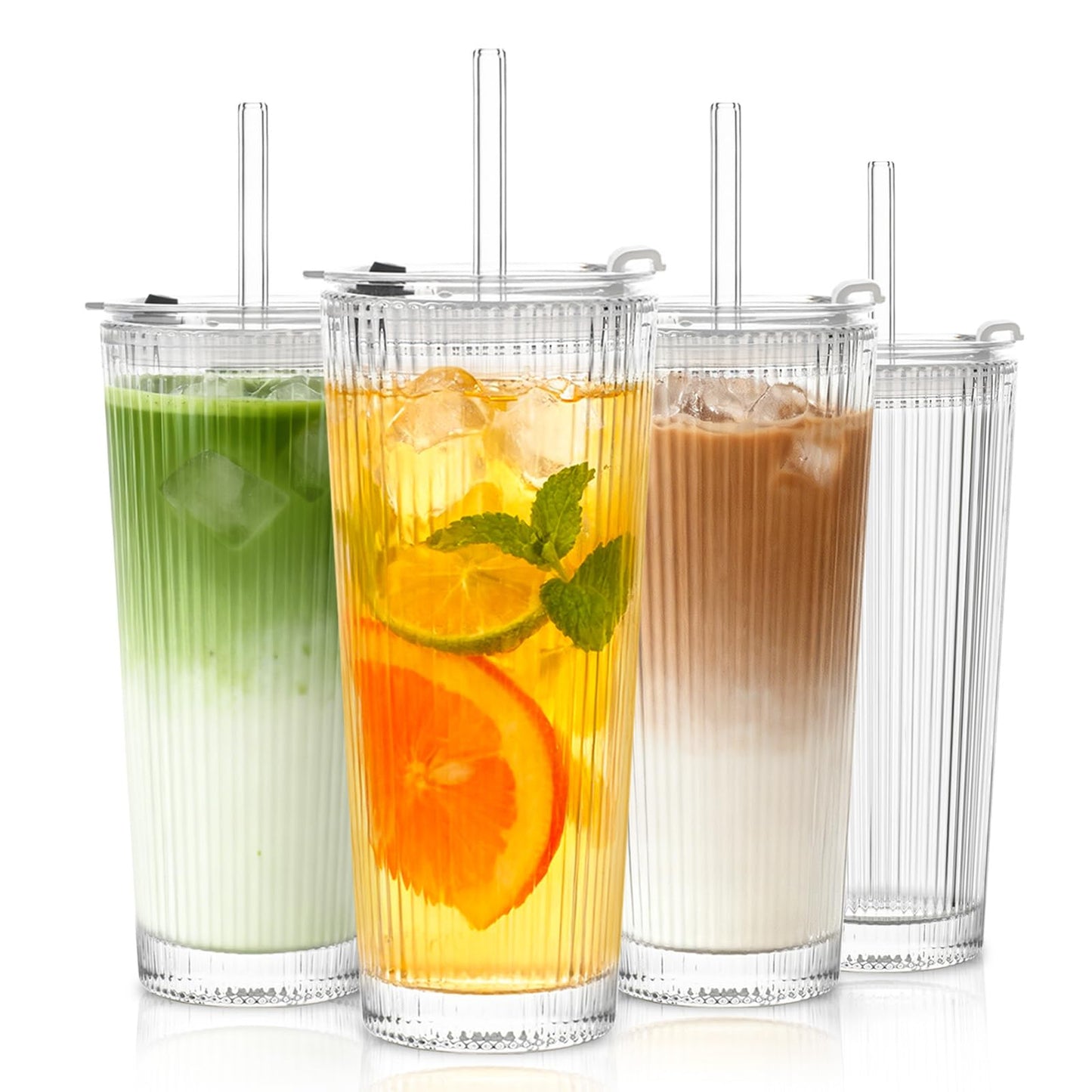 SoulTimes 16oz Ribbed Glass Tumbler with Lid and Glass Straw – Set of 4 Glass Cups with Lids and Straws for Coffee, Smoothies, Cocktails and More, Reusable Iced Coffee Cups for Daily Use and Travel