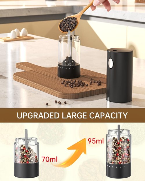 CIRCLE JOY Electric Salt and Pepper Grinder Set - Rechargeable Mills with 6-Level Coarseness Adjustment, LED Light & Storage Base - Black