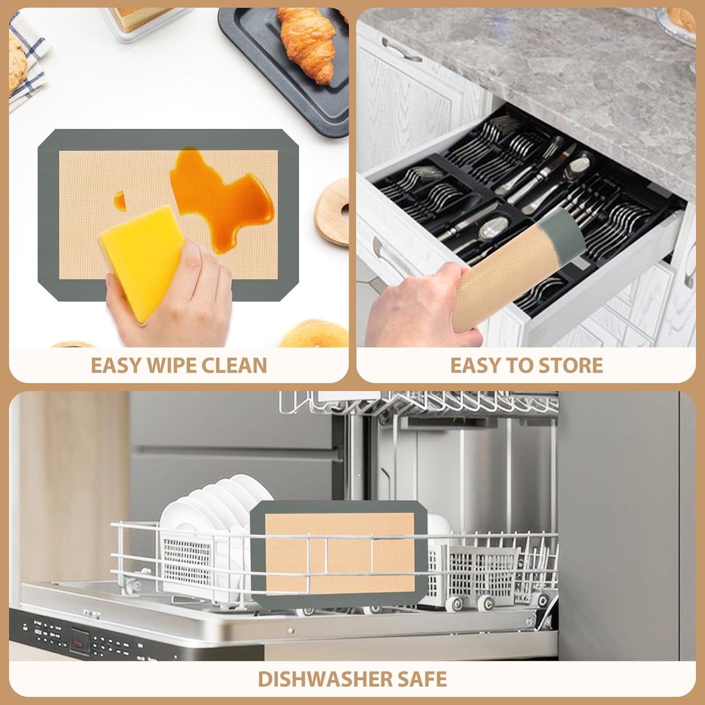 Silicone Baking Mat Set by [Brand Name] - Non-Stick Baking Sheets for Cookies, Bread & Pastry - 3 Pcs, Grey
