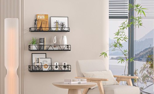 Amaoot Floating Shelves - Set of 3 Wall-Mounted Wood Shelves | Stylish Black Farmhouse Design for Home