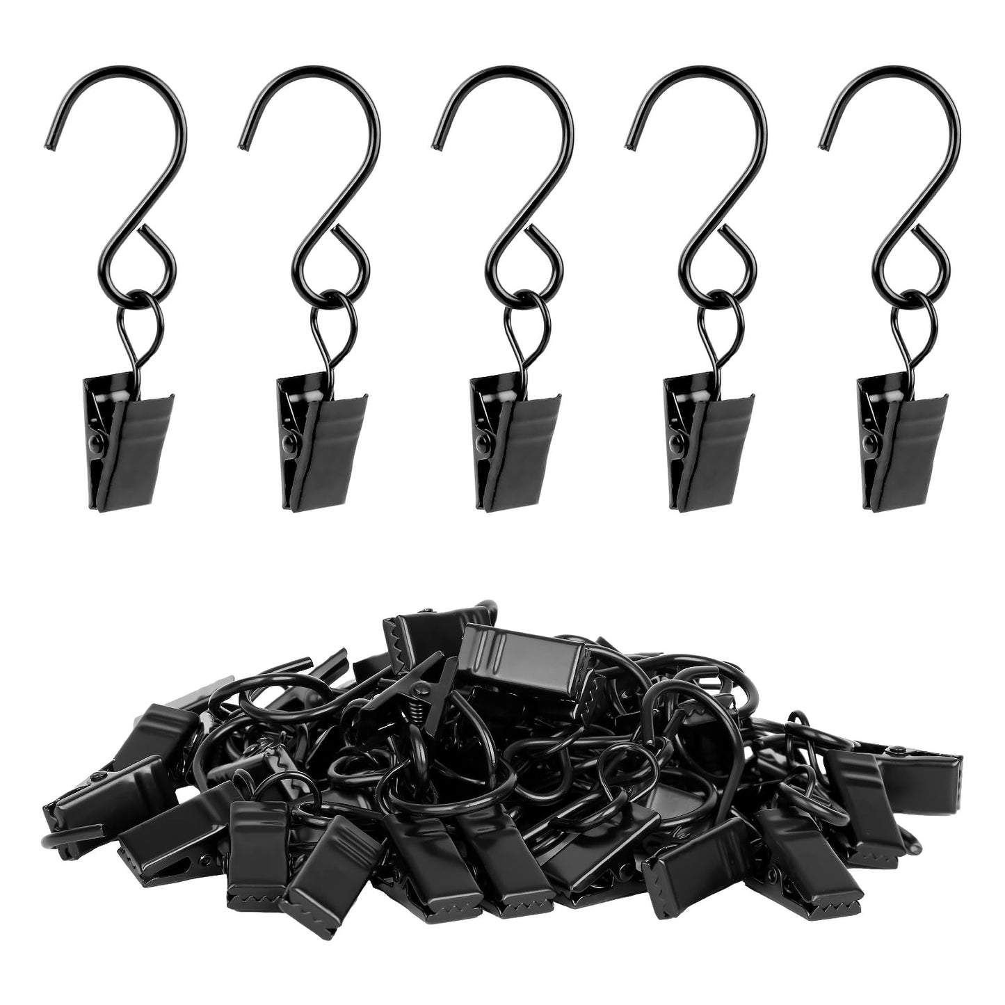 Manysky S Hooks with Clips, 45 Pack 304 Stainless Steel Hanging Curtain Clips with Hooks, Clips for Hanging Tapestries Party String Lights Christmas Decoration, Gutter Tent Camper, 2.4 Inch Black