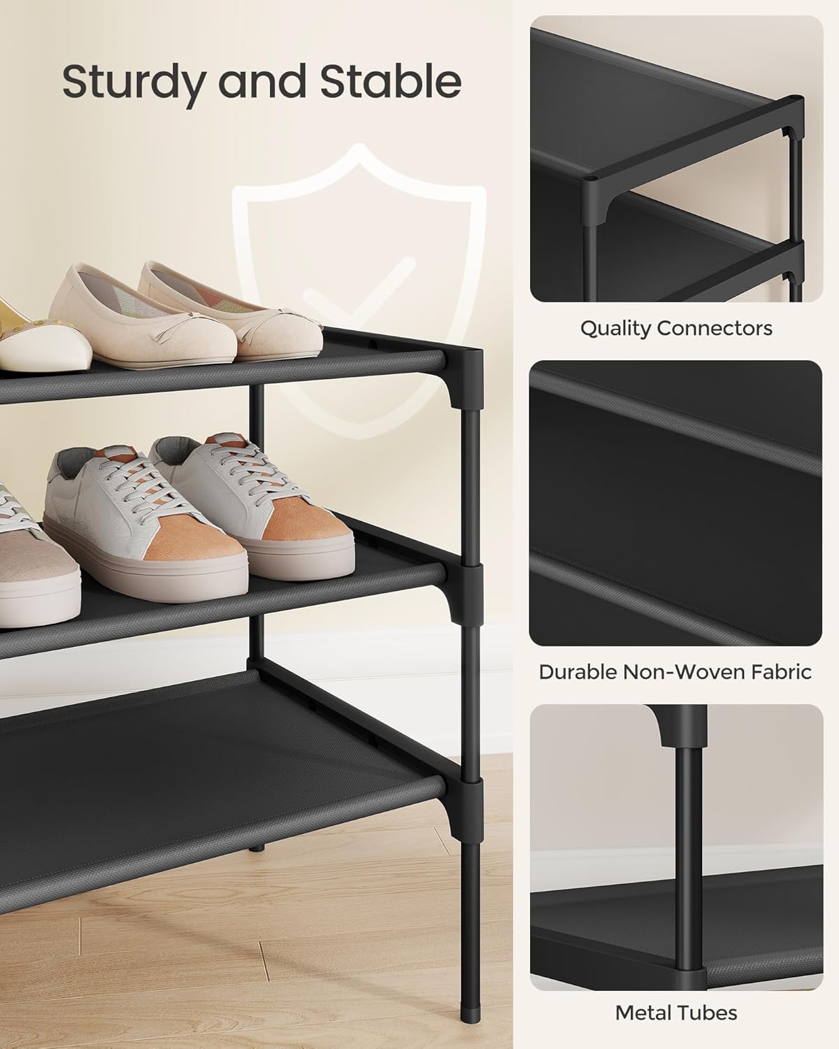 SONGMICS Shoe Rack - 3-Tier Space-Saving Organizer for Entryway - Ink Black, 11.7 x 24.5 x 21 Inches