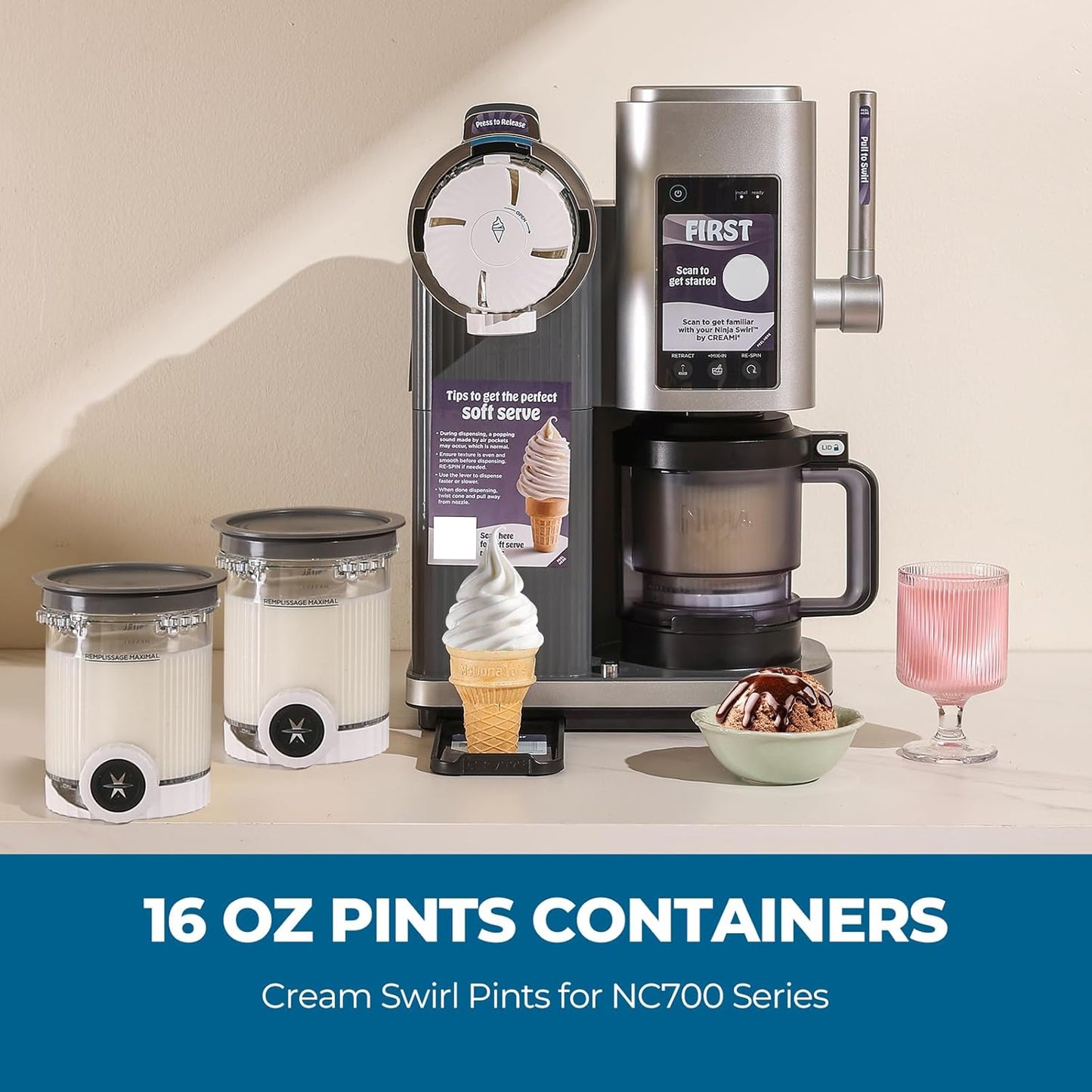 Skiennix Swirl Ice Cream Makers - 4 Pack Pints with Lids | Compatible with Ninja NC700 Series, Dishwasher Safe