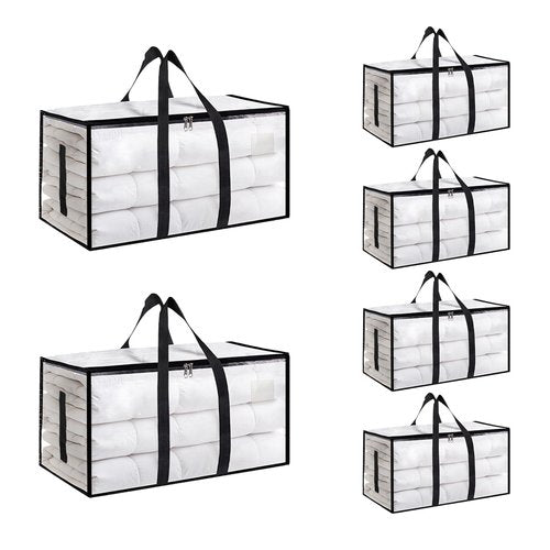 6 Pack-Extra Large Heavy Duty Moving Bags - Waterproof Storage Totes with Handles & Zippers, Foldable for College Dorm, Storage (Clear)