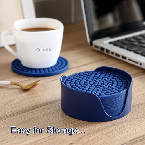 Colinda Silicone Drink Coasters with Holder, Set of 6, Outdoor Cup Mat for Hot or Cold Drinks, Thickened, Non-Slip,Non-Stick, Merlot Red