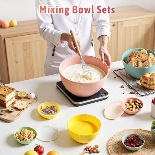 16-Piece Plastic Mixing Bowls Set by [Brand Name] - Nesting Bowls with Lids, 2-in-1 Spoon-Fork, Dishwasher & Microwave Safe