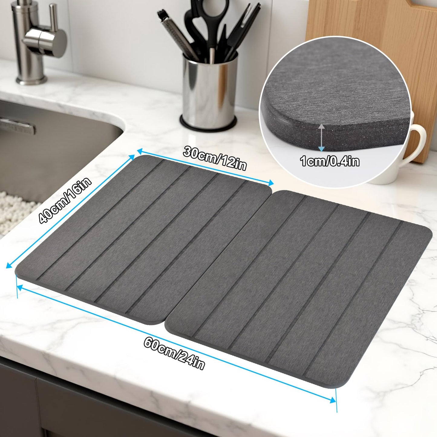Stone Drying Mat for Kitchen Counter,2 Pack 16''x12'' Quick Dish Drying Stone Mat Kitchen,Double-sided Diatomaceous Earth Stone Drying Mat,No Moisture Residue, Stone Dish Drying Mat (Vertical Stripes)