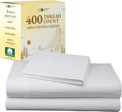 California Design Den Twin Sheet Set - 100% Soft Cotton, 400 Thread Count, Silky Smooth Sateen, Striped White