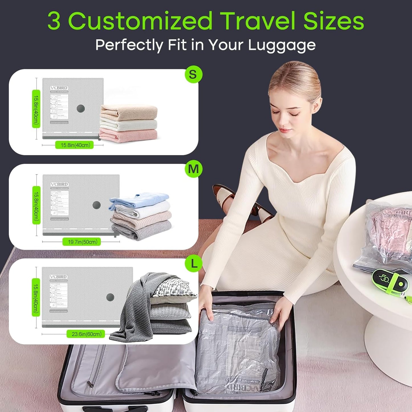Vacbird Vacuum Bags - Travel Compression Packing with USB Electric Pump | 15 Pack Carry-On Size for Clothes