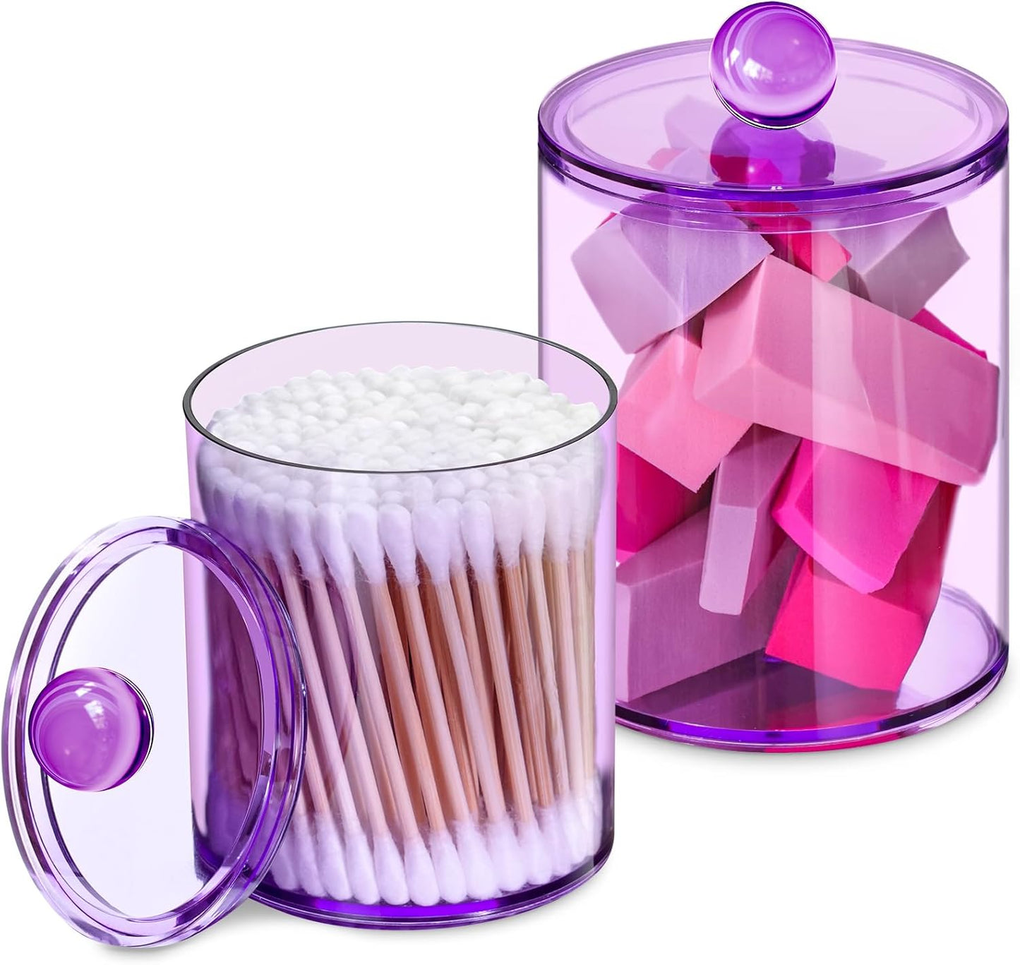 XIPENGKEJI Qtip Holder Set - 2 Pack Apothecary Jars with Lids for Cotton Swabs & Pads | 10oz-12oz Purple