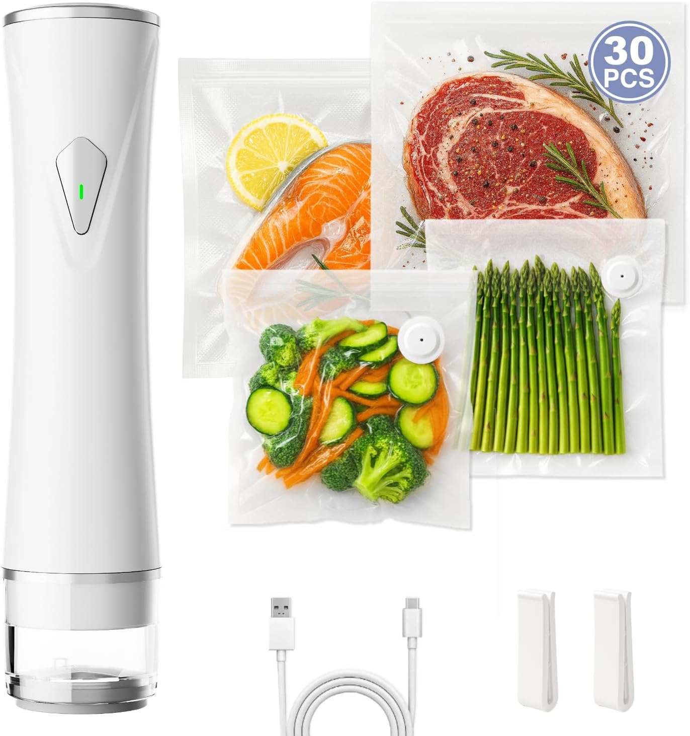 Skiennix Compact Vacuum Sealer - Handheld Food Saver Machine with 30 Reusable Bags | Fresh White