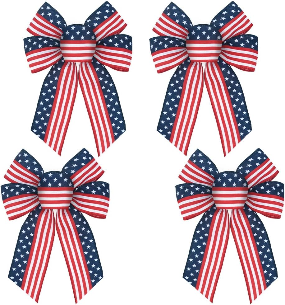 Patriotic Star Wreath Bows by 4pcs - Red, White & Blue Stripe Burlap for 4th of July & More